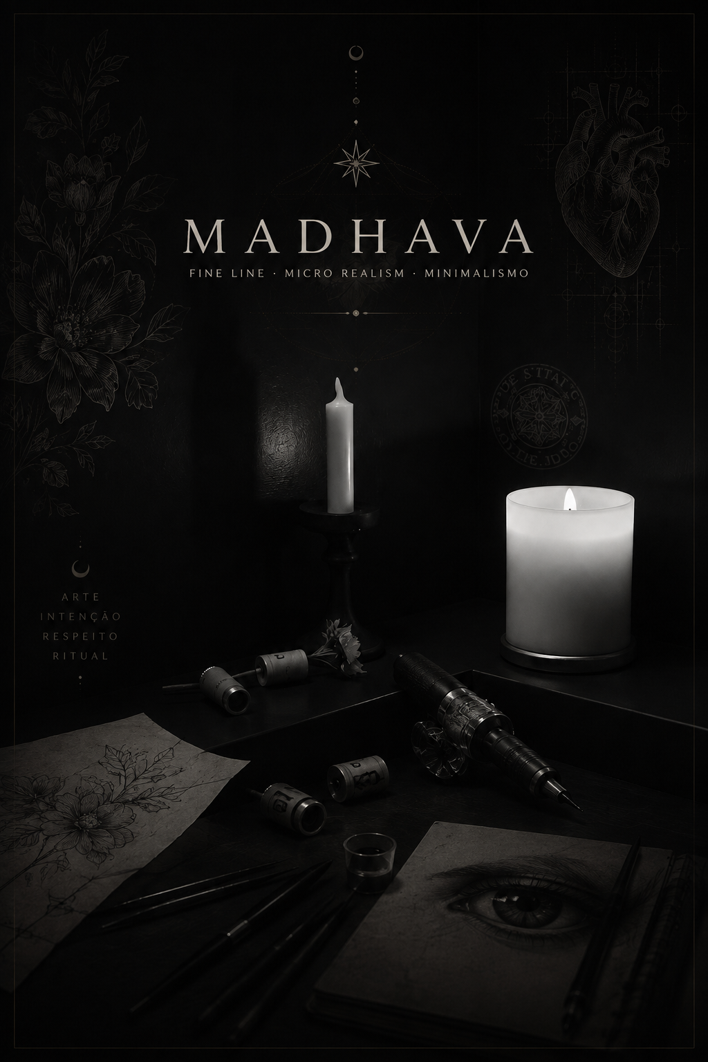 Mesa do estúdio Madhava com velas, máquina de tatuagem e desenhos